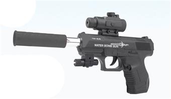 Black barrel inflation water bullet gun with infrared and small accessories, one pack of pre soaked water bullets, one pack of dry water bullets, small accessory target   ITEM NO.： W063872