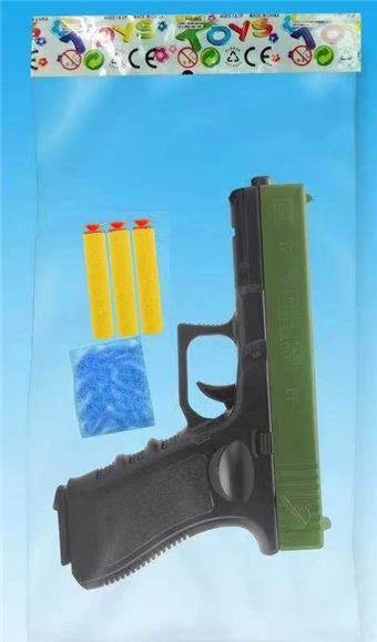 Dual purpose manual inflation water bomb and EVA soft bullet gun mixed in green and black colors (with one pack of water bombs and three EVA soft bullets)   ITEM NO.： W063711