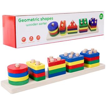 Wooden colored geometric five column puzzle toy   ITEM NO.： W049394