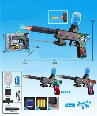 Clown graffiti electric dual-use water bullet gun (7-8MM) with infrared ray, equipped with spray plus colorful luminous silencer, 3 EVA, lithium battery, charging line, water bullet bottle, connector, 1 bag of dry water bullet, 3 mixed models   ITEM NO.： W064042