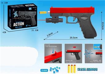 Red manual inflation water bomb gun with infrared and 3 pieces of EVA, one pack of soaked water bombs, one pack of dry water bombs   ITEM NO.： W063868