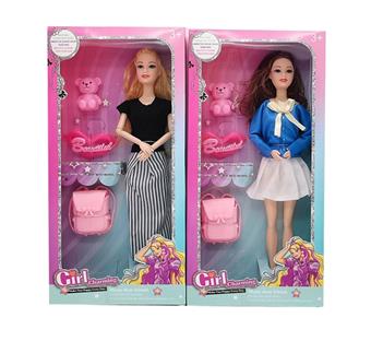 New 11.5-inch solid 9-joint fashionable short skirt Barbie with teddy bear, hair clip, backpack accessories 2 mixed styles   ITEM NO.： W055443