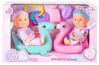 2 9-inch inflatable body fixed eye dolls with vinyl dinosaur, vinyl flame bird, keychain, bottle, soap box, no IC, no function   ITEM NO.： W049243