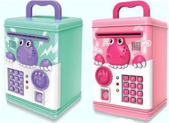 Dinosaur piggy bank (voice switching between Chinese and English) (automatic cash roll, lighting and music, fingerprint recognition, password unlocking)   ITEM NO.： W051721