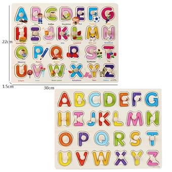 Wooden hand-held board with large letters, two mixed puzzle toys   ITEM NO.： W049543
