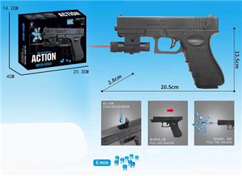 Black manual inflation water bomb gun with infrared, comes with one pack of pre soaked water bombs and one pack of dry water bombs   ITEM NO.： W063858