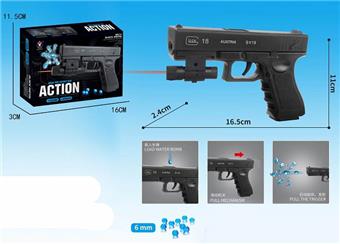 Black manual inflation water bomb gun with infrared, comes with one pack of pre soaked water bombs and one pack of dry water bombs   ITEM NO.： W063825