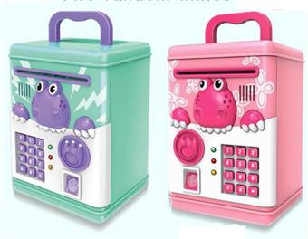 Dinosaur piggy bank (voice switching between Chinese and English) (automatic cash roll, lighting and music, fingerprint recognition, password unlocking)   ITEM NO.： W051488