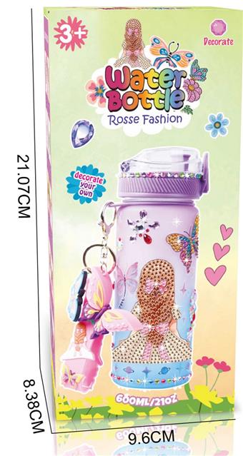 Upgraded version: DIY Diamond Purple Blue Gradient Water Bottle - Girl (600ML, 4 diamond stickers, 2 tattoo stickers, 1 keychain)   ITEM NO.： W048961