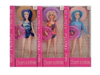 High end 11.5-inch solid 9-joint summer swimming outfit Barbie with big hat, swimming ring accessories, 3 mixed styles   ITEM NO.： W074063