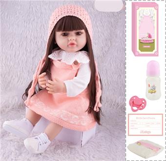55cm Rebirth Doll High Simulation Baby Doll, (wig cover) Full body soft rubber, with bottle, magnetic pacifier, diaper, birth card, with gravity sensing sound function   ITEM NO.： W076748