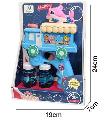Electric Dolphin Dessert Car Bubble Machine (with 60ML * 2 water bubbles, with lighting and music, 3 * AA without electricity, two-color mixing)   ITEM NO.： W069825