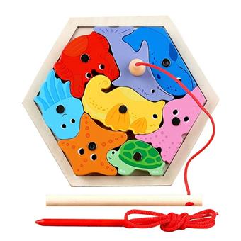 Three in one children's wooden three-dimensional puzzle magnetic fishing toy early education puzzle bead threading game - Ocean   ITEM NO.： W073492