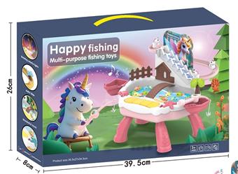 Puzzle electric fishing toy pool set, small horse climbing stairs, track lighting, music, water play, fishing platform [not included with electricity]   ITEM NO.： W072931