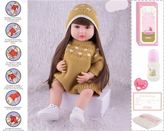 55cm Rebirth Doll High Simulation Baby Doll, (wig cover) Full body soft rubber, with bottle, magnetic pacifier, diaper, birth card, with gravity sensing sound function   ITEM NO.： W076775