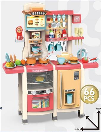 100CM steaming and baking puzzle kitchen, playing house, utensil table, (steaming and baking simulation water boiling novel frying pan, color changing food, multi-functional smoking machine, electric phone, lighting music, water outlet function) 66PCS, not included: 6 AA and 3 AAA batteries for electricity   ITEM NO.： W071443
