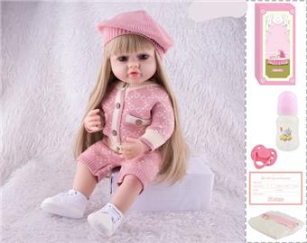 55cm Reborn Doll Soft Rubber High Simulation Baby Doll (Wig Cover) with Bottle, Magnetic Nipper, Diaper, Birth Card   ITEM NO.： W076728