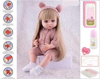 55cm Rebirth Doll High Simulation Baby Doll, (wig cover) Full body soft rubber, with bottle, magnetic pacifier, diaper, birth card, with gravity sensing sound function   ITEM NO.： W076802