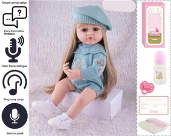 55cm Rebirth Doll High Simulation Baby Doll, (wig cover) Full body soft rubber, with bottle, magnetic pacifier, diaper, birth card, with language dialogue, tongue learning function   ITEM NO.： W076762