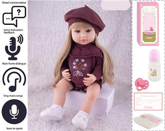 55cm Rebirth Doll High Simulation Baby Doll, (wig cover) Full body soft rubber, with bottle, magnetic pacifier, diaper, birth card, with language dialogue, tongue learning function   ITEM NO.： W076765