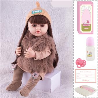 55cm Rebirth Doll High Simulation Baby Doll, (wig cover) Full body soft rubber, with bottle, magnetic pacifier, diaper, birth card, with language dialogue, tongue learning function   ITEM NO.： W076723