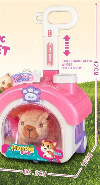 Electric plush Capibala+trolley house+1 hair clip+bottle+dog bowl+comb+fishbone+scissors+one sticker   ITEM NO.： W078470