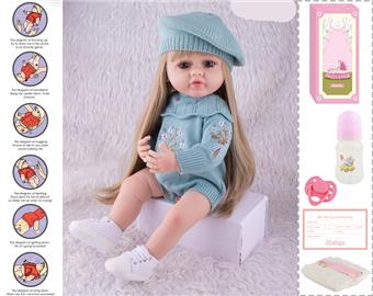 55cm Rebirth Doll High Simulation Baby Doll, (wig cover) Full body soft rubber, with bottle, magnetic pacifier, diaper, birth card, with gravity sensing sound function   ITEM NO.： W076763