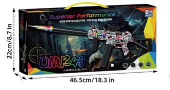Removable 3-section 12 in 1 dual lithium battery powered colorful light, electric sound, UMP45 large submachine gun water ball 8mm air catapult, 3 modes of shooting game set (gun head induction laser light cannon and gun body surround meteor light)   ITEM NO.： W079017