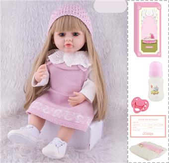 55cm Rebirth Doll High Simulation Baby Doll, (wig cover) Full body soft rubber, with bottle, magnetic pacifier, diaper, birth card, with language dialogue, tongue learning function   ITEM NO.： W076741