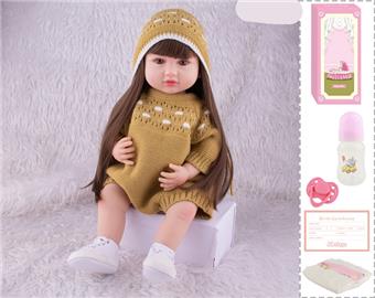 55cm Reborn Doll Soft Rubber High Simulation Baby Doll (Wig Cover) with Bottle, Magnetic Nipper, Diaper, Birth Card   ITEM NO.： W076773