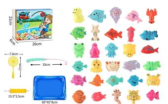 (Fishing toy) 30 fish+1 telescopic rod+1 small net+1 square pool+1 small air cylinder   ITEM NO.： W073198