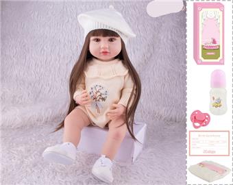 55cm Reborn Doll Soft Rubber High Simulation Baby Doll (Wig Cover) with Bottle, Magnetic Nipper, Diaper, Birth Card   ITEM NO.： W076758