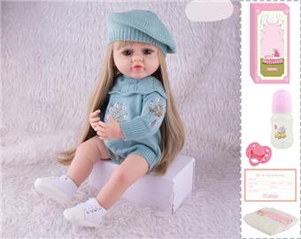 55cm Reborn Doll Soft Rubber High Simulation Baby Doll (Wig Cover) with Bottle, Magnetic Nipper, Diaper, Birth Card   ITEM NO.： W076761