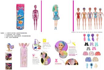 11.5-inch real-life surprise color changing Barbie. Comes with 5 different surprise accessories, the doll rotates 360 degrees,   ITEM NO.： W074090
