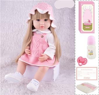 55cm Rebirth Doll High Simulation Baby Doll, (wig cover) Full body soft rubber, with bottle, magnetic pacifier, diaper, birth card, with language dialogue, tongue learning function   ITEM NO.： W076738
