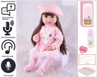 55cm Rebirth Doll High Simulation Baby Doll, (wig cover) Full body soft rubber, with bottle, magnetic pacifier, diaper, birth card, with language dialogue, tongue learning function   ITEM NO.： W076789