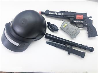 Left wheel vibrating flint gun+explosion-proof cap+mobile phone+grenade+handcuffs+knife+stick   ITEM NO.： W068951