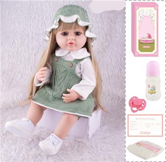 55cm Rebirth Doll High Simulation Baby Doll, (wig cover) Full body soft rubber, with bottle, magnetic pacifier, diaper, birth card, with language dialogue, tongue learning function   ITEM NO.： W076735