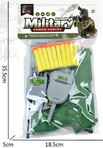 Military set (walkie talkie+grenade+gold bullet+May Fourth soft bullet gun+bullet * 10)   ITEM NO.： W079338