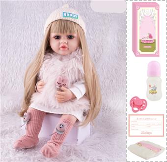 55cm Rebirth Doll High Simulation Baby Doll, (wig cover) Full body soft rubber, with bottle, magnetic pacifier, diaper, birth card, with language dialogue, tongue learning function   ITEM NO.： W076726