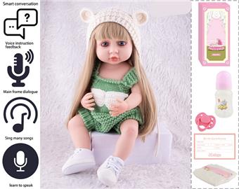 55cm Rebirth Doll High Simulation Baby Doll, (wig cover) Full body soft rubber, with bottle, magnetic pacifier, diaper, birth card, with language dialogue, tongue learning function   ITEM NO.： W076798