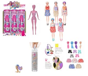 11.5-inch real-life surprise color changing Barbie. Comes with 5 different surprise accessories, the doll rotates 360 degrees, and 4 randomly mixed 6PCS   ITEM NO.： W074066