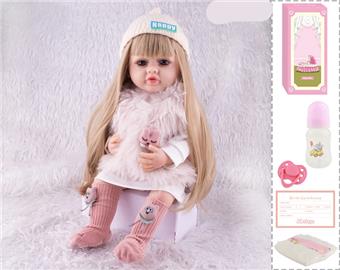 55cm Reborn Doll Soft Rubber High Simulation Baby Doll (Wig Cover) with Bottle, Magnetic Nipper, Diaper, Birth Card   ITEM NO.： W076725