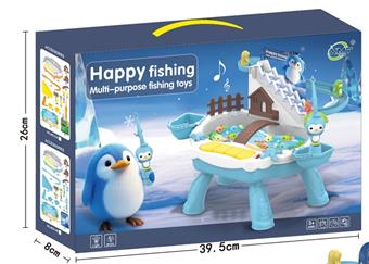 Puzzle electric fishing toy pool set, little penguin climbing stairs, track lighting, music, water play, fishing platform [not included in electricity]   ITEM NO.： W074105
