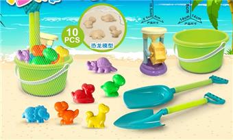 Green bucket with dinosaur beach accessories+small hourglass (10PCS)   ITEM NO.： W085540