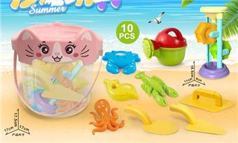 Cat bucket with beach accessories+hourglass (10PCS)   ITEM NO.： W085565