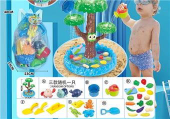 Children's water play beach toy backpack, thickened oversized sand shovel and medium-sized thickened toy shovel and sand masonry toy, 3-pack with watering kettle, 4 large underwater biological molds and one bucket, and 3 ocean chain toys, randomly add one DIY water play fruit toy   ITEM NO.： W085148