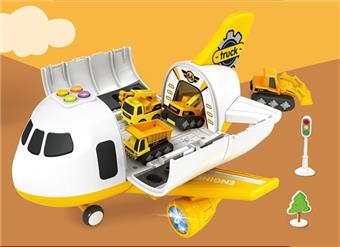 Q-version transformable storage inertial aircraft with color lights and simulated sound effects - Engineering (equipped with 4 Q-version engineering alloy cars and 11 roadblocks)   ITEM NO.： W089506