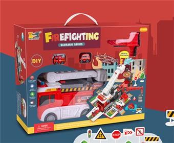 Puzzle multifunctional 2-in-1 transformation storage spray water tank fire truck DIY slide parking lot with sound and light (equipped with 2 fire alloy trucks+12 roadblocks)   ITEM NO.： W089517