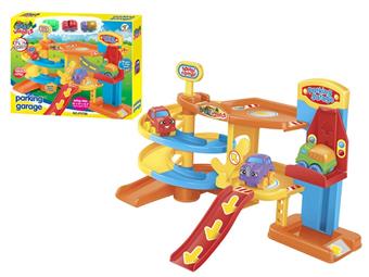 Cartoon parking lot with 3 sliding cartoon cars (19PCS)   ITEM NO.： W092516